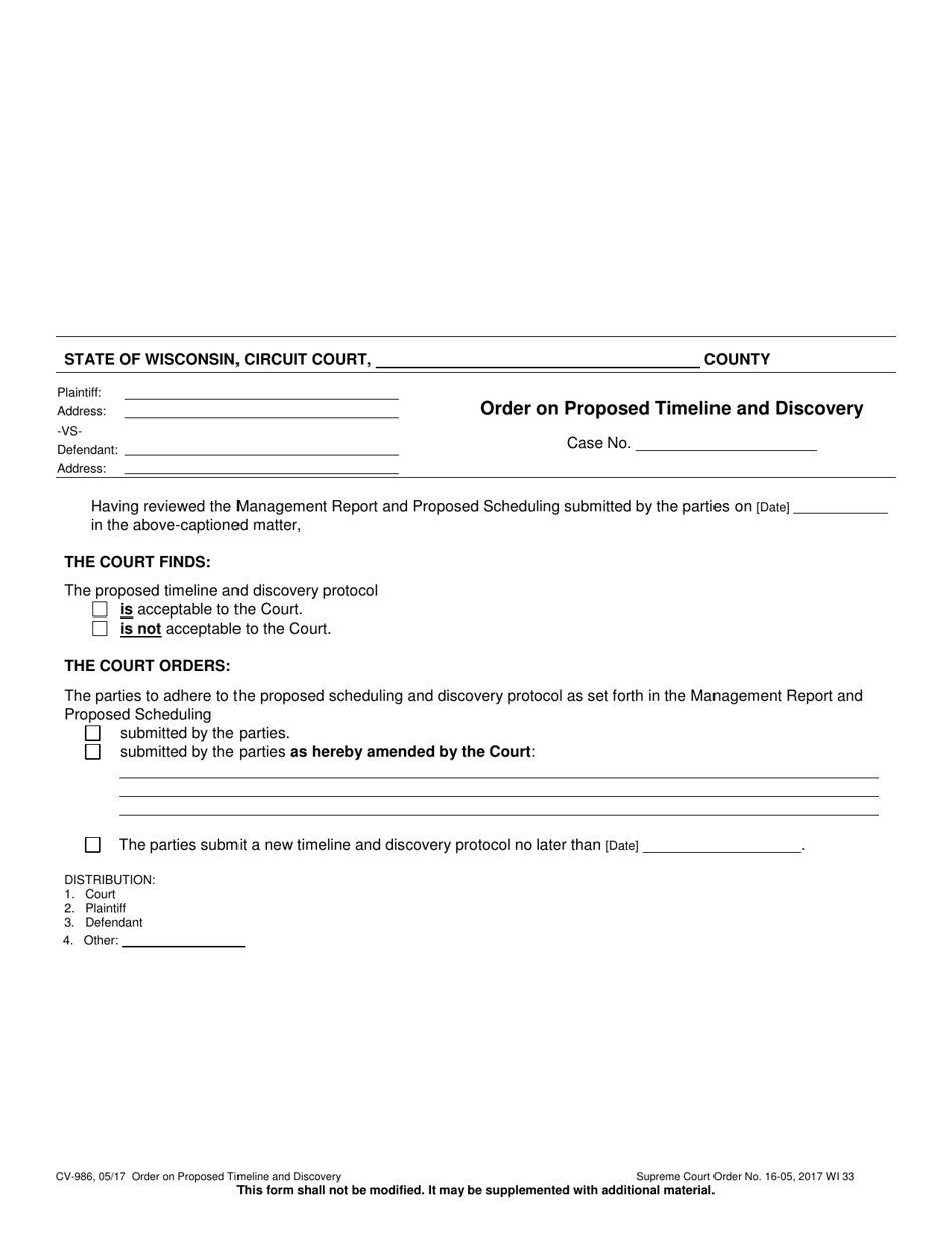 Form CV-986 Order on Proposed Timeline and Discovery - Wisconsin, Page 1