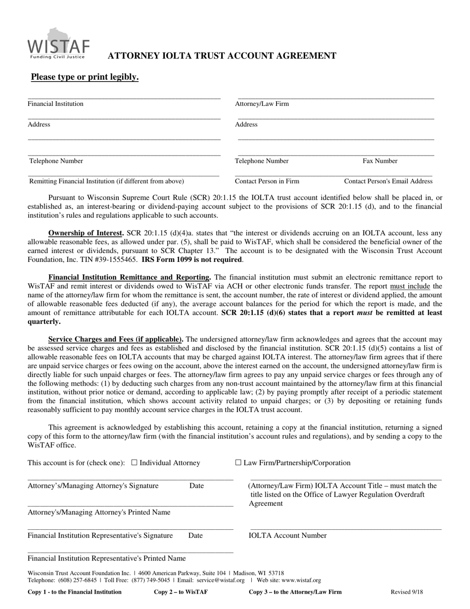 Attorney Iolta Trust Account Agreement - Wisconsin, Page 1