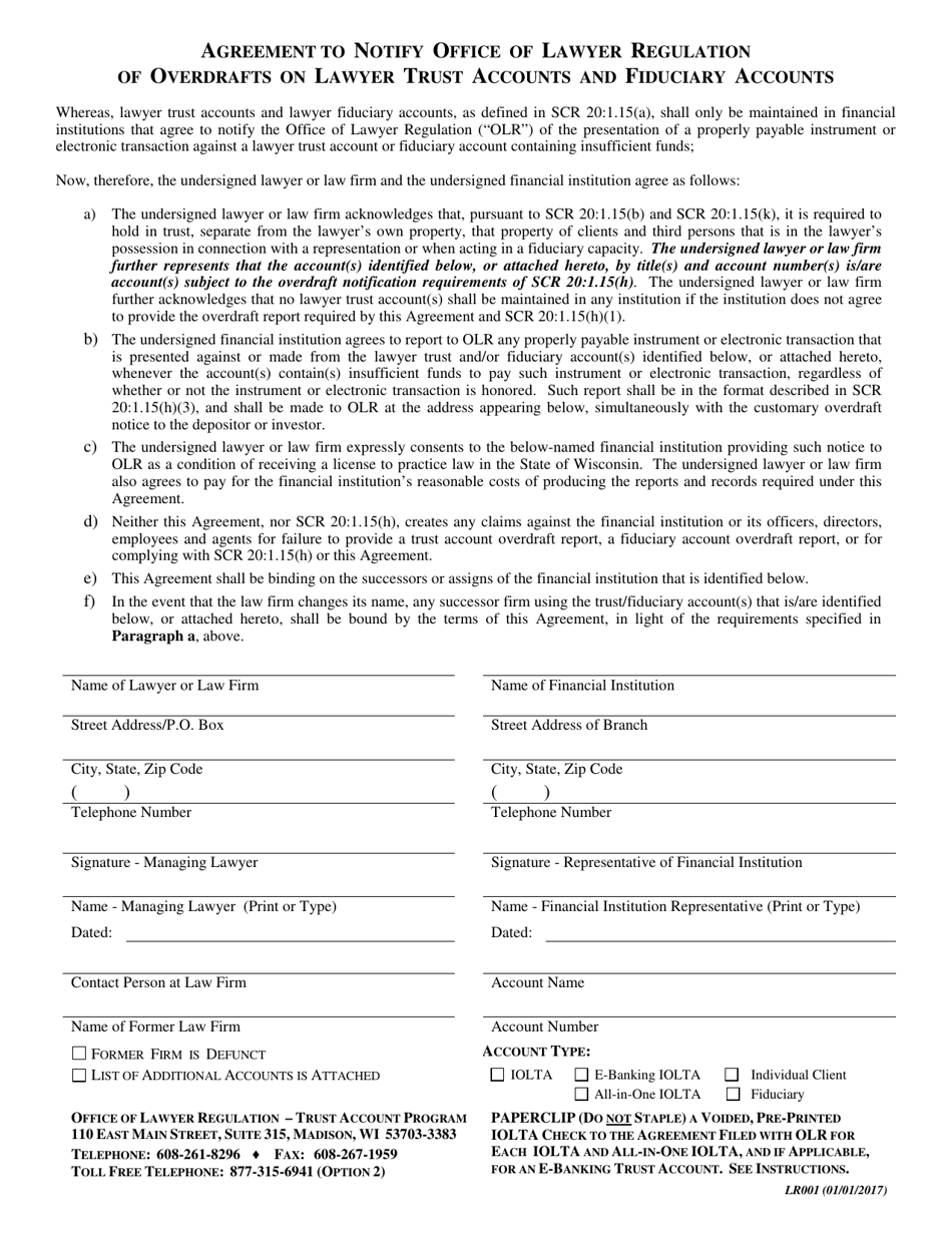 Form LR001 Agreement to Notify Office of Lawyer Regulation of Overdrafts on Lawyer Trust Accounts and Fiduciary Accounts - Wisconsin, Page 1