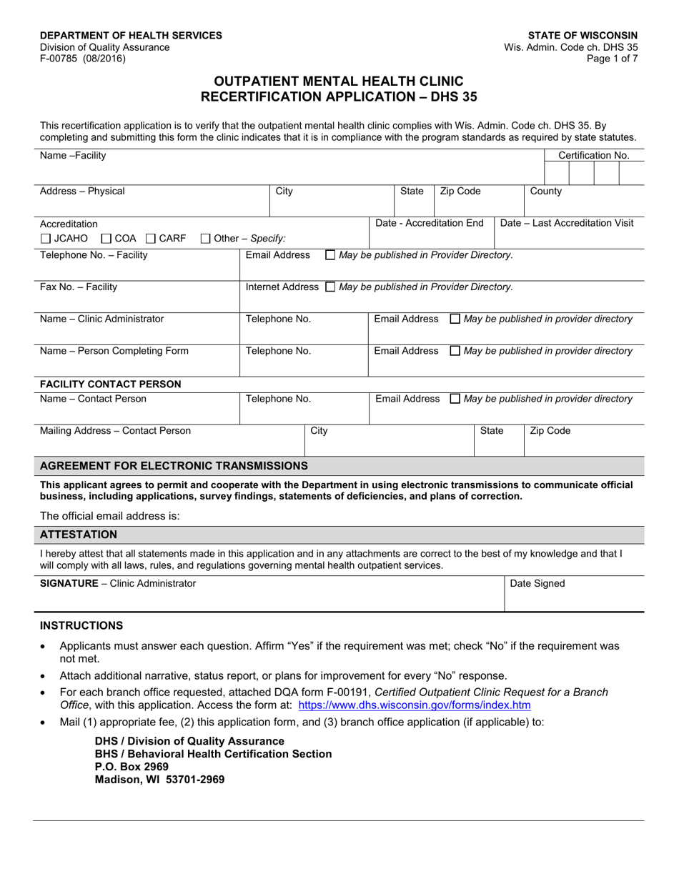 Form F-00785 Outpatient Mental Health Clinic Recertification Application - DHS 35 - Wisconsin, Page 1
