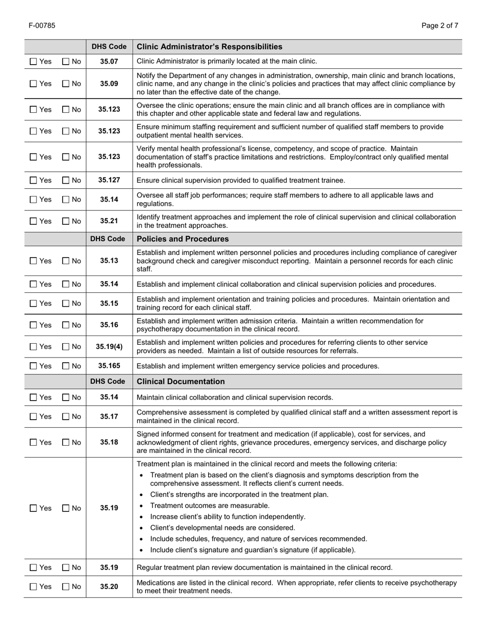 Form F-00785 Outpatient Mental Health Clinic Recertification Application - DHS 35 - Wisconsin, Page 2