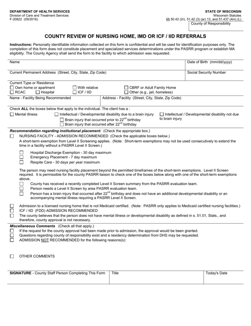 Form F-20822 County Review of Nursing Home, Imd or Icf/Iid Referrals - Wisconsin