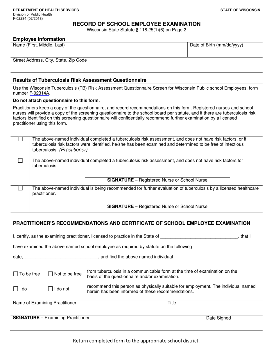 Form F-02284 Record of School Employee Examination - Wisconsin, Page 1