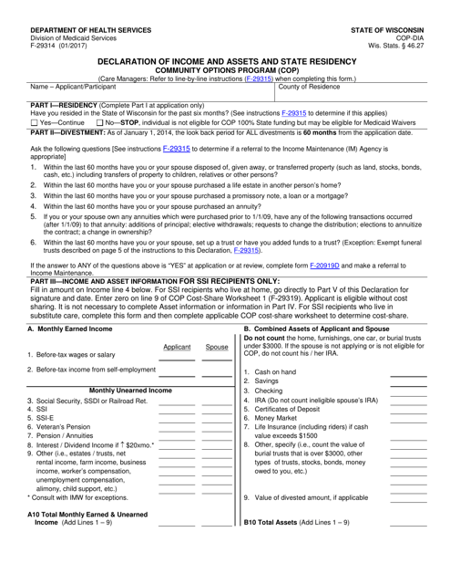Form F-29314 Declaration of Income and Assets and State Residency - Community Options Program (Cop) - Wisconsin