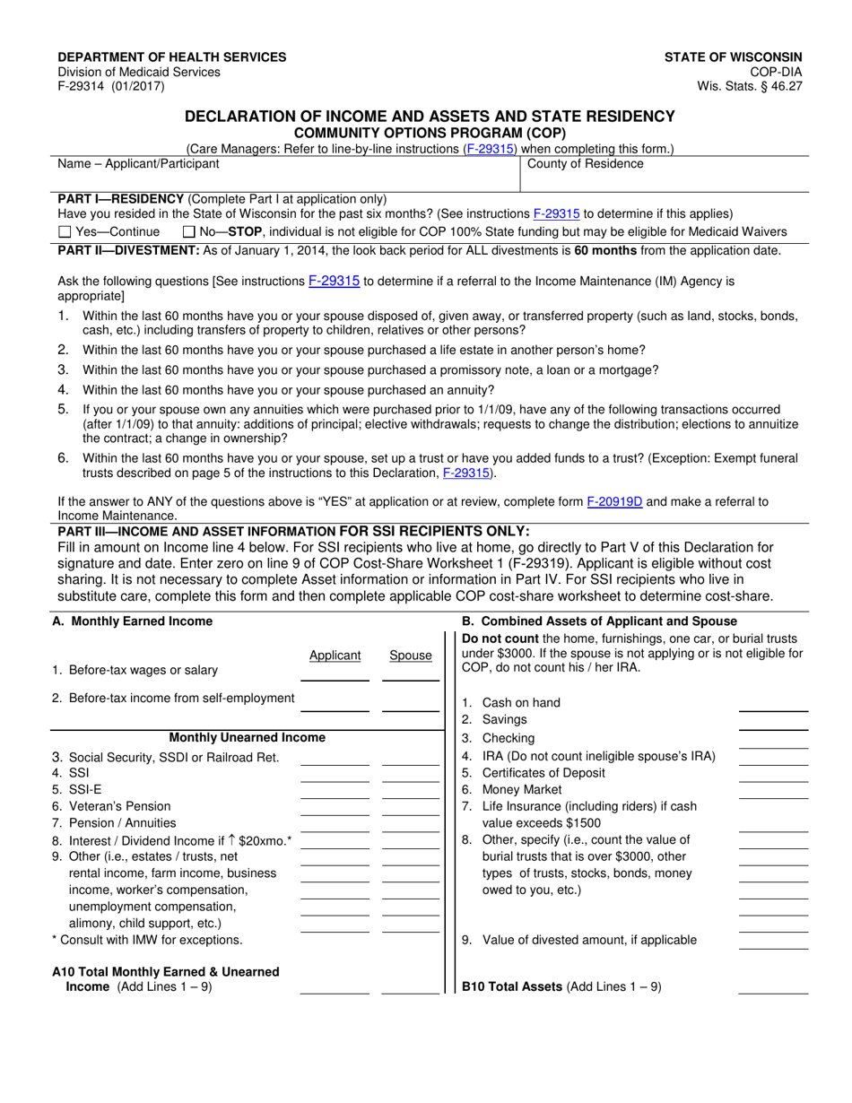 Form F-29314 Declaration of Income and Assets and State Residency - Community Options Program (Cop) - Wisconsin, Page 1