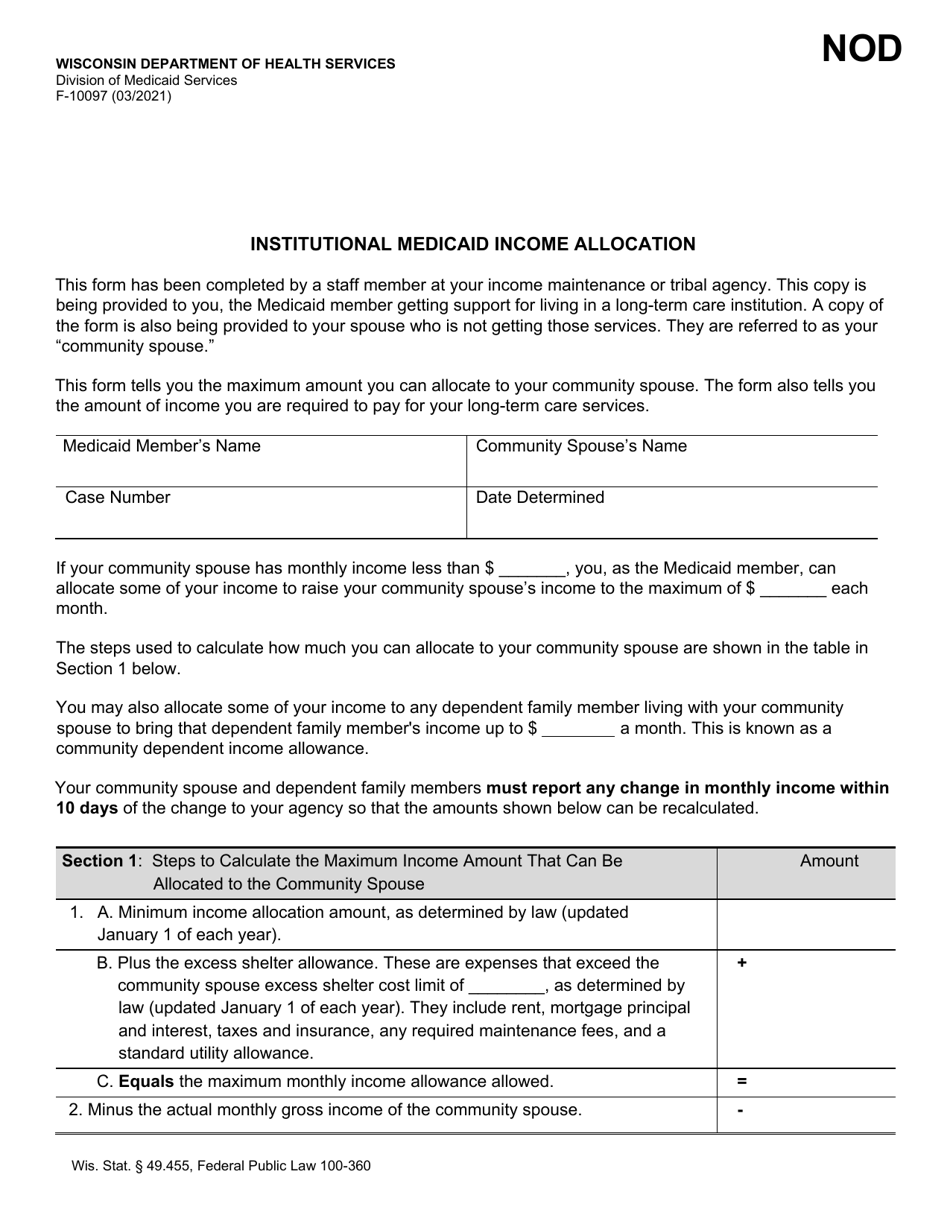 Form F-10097 Institutional Medicaid Income Allocation - Wisconsin, Page 1