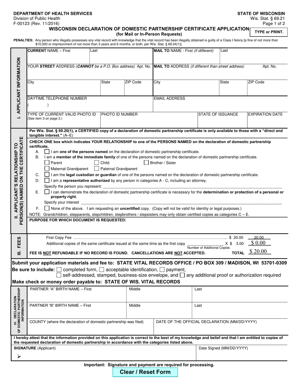 Form F-00123 Wisconsin Declaration of Domestic Partnership Certificate Application - Wisconsin, Page 1