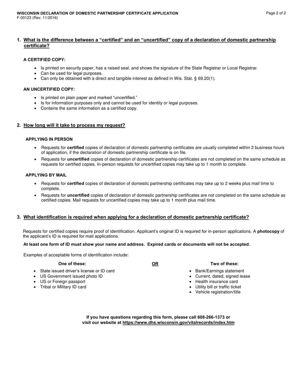 Form F-00123 Wisconsin Declaration of Domestic Partnership Certificate Application - Wisconsin, Page 2