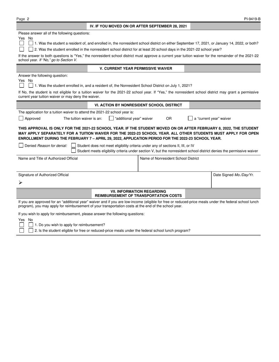 Form PI-9419-B Request for Tuition Waiver Due to Move - Wisconsin, Page 2