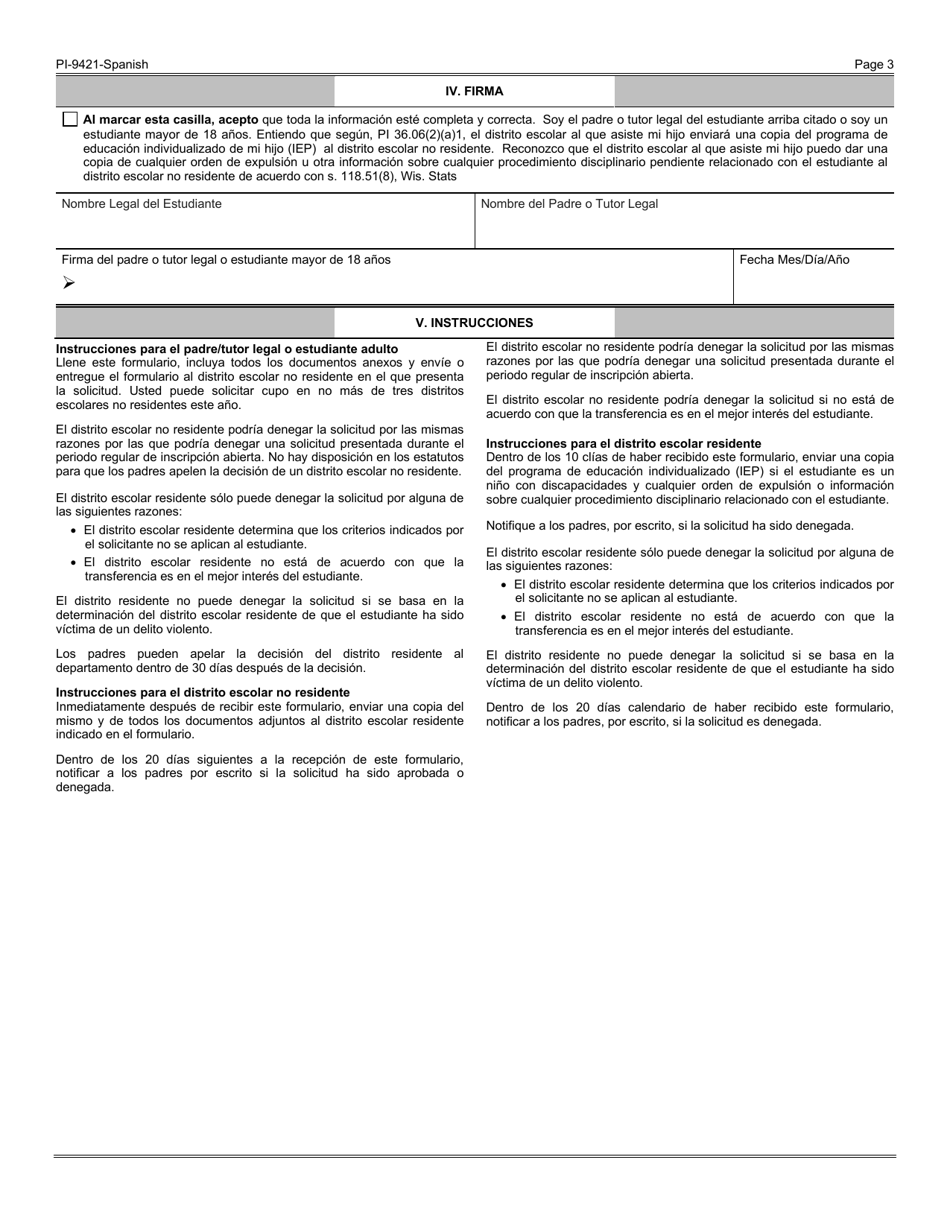 Formulario PI-9421 Inscripcion Abierta En Las Escuelas Publicas - Solicitud De Inscripcion Abierta Alternativa - Wisconsin (Spanish), Page 3