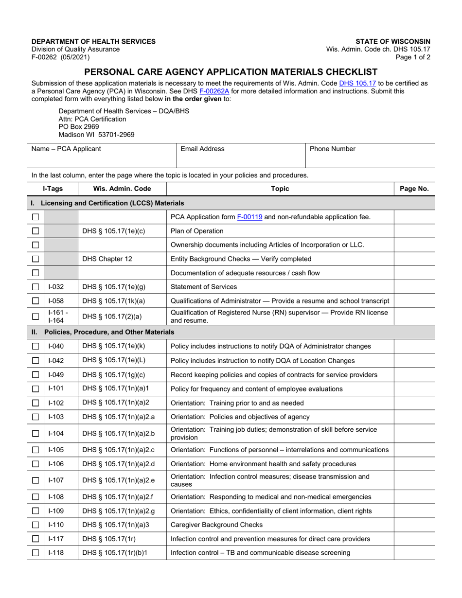 Form F-00262 Personal Care Agency Application Materials Checklist - Wisconsin, Page 1