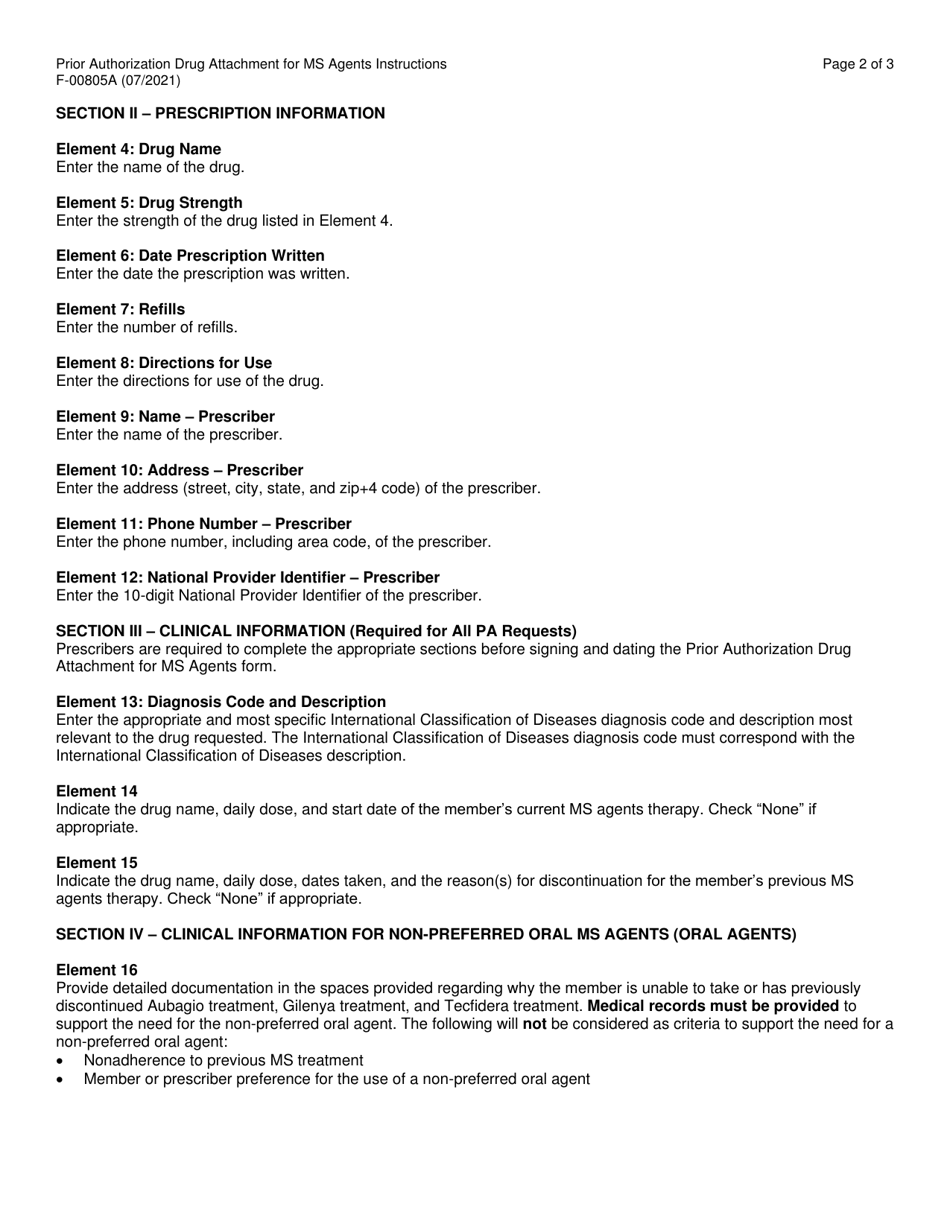 Instructions for Form F-00805 Prior Authorization Drug Attachment for Multiple Sclerosis (Ms) Agents - Wisconsin, Page 2