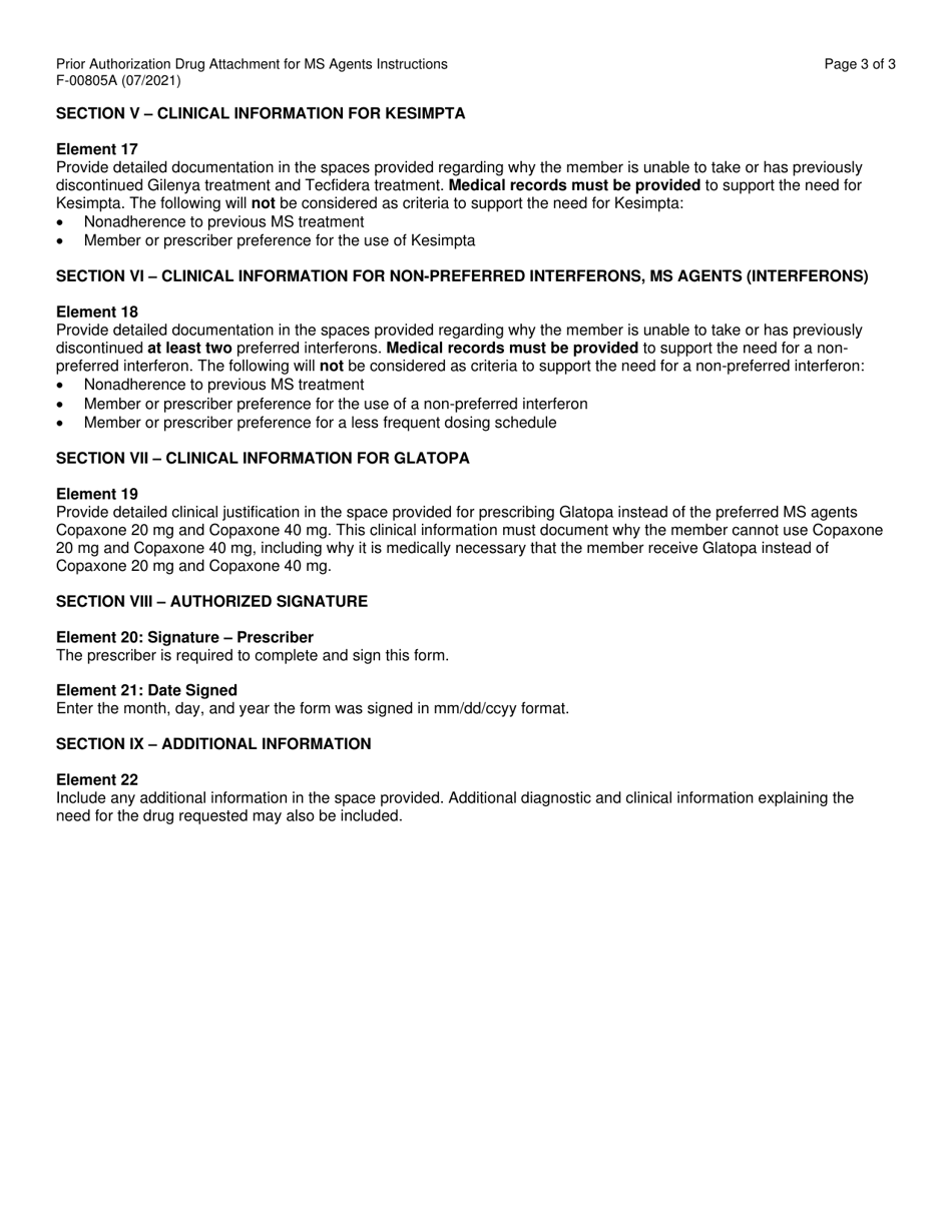 Instructions for Form F-00805 Prior Authorization Drug Attachment for Multiple Sclerosis (Ms) Agents - Wisconsin, Page 3