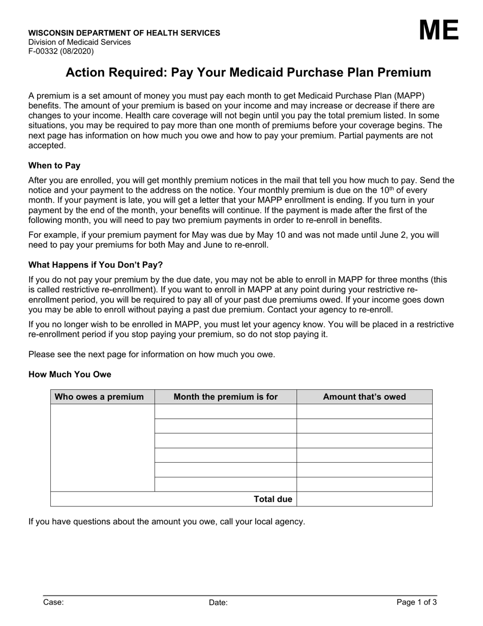 Form F-00332 Medicaid Purchase Plan Premium Information / Payment - Wisconsin, Page 1