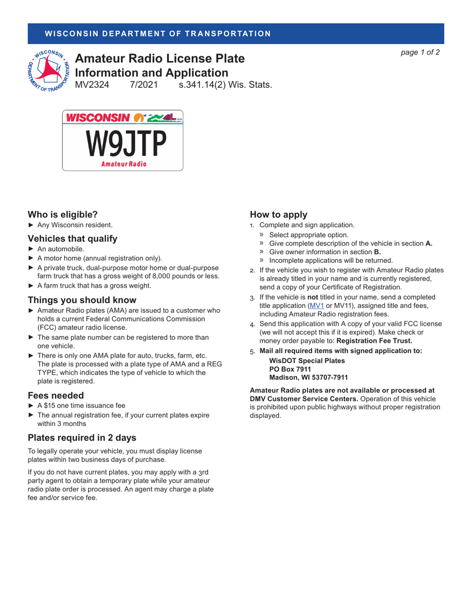 Form MV2324 Amateur Radio License Plate - Wisconsin, Page 1
