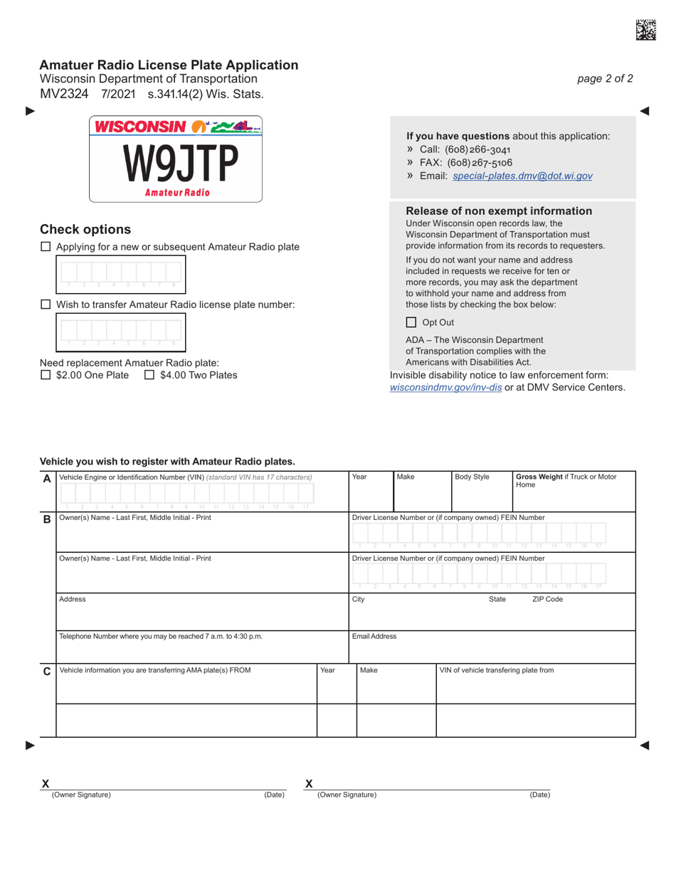 Form MV2324 Amateur Radio License Plate - Wisconsin, Page 2
