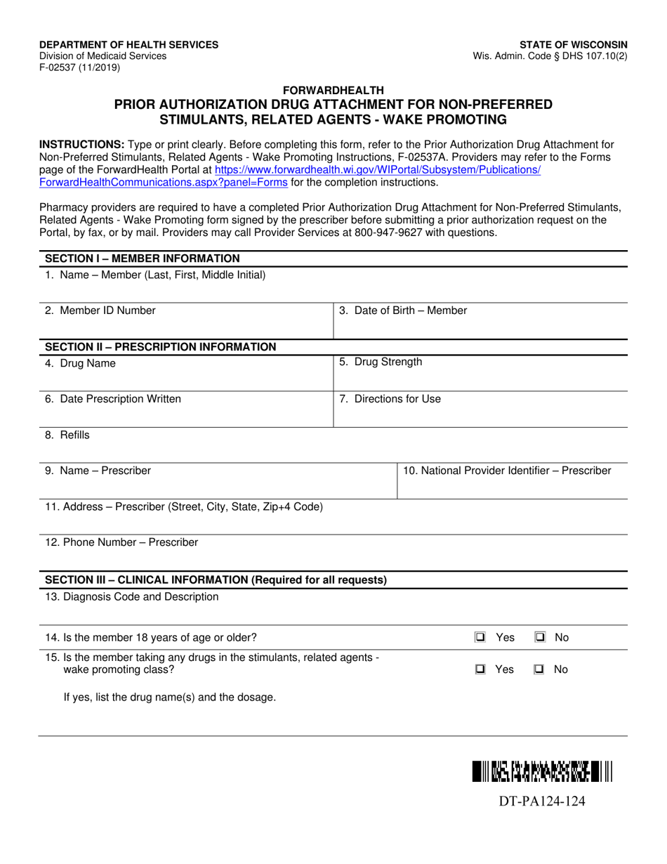 Form F-02537 Prior Authorization Drug Attachment for Non-preferred Stimulants, Related Agents - Wake Promoting - Wisconsin, Page 1