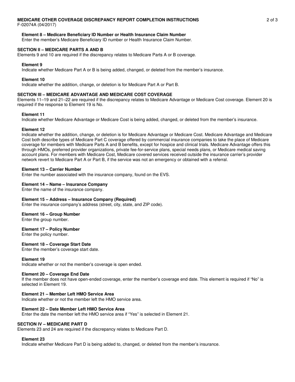 Instructions for Form F-02074 Medicare Other Coverage Discrepancy Report Completion - Wisconsin, Page 2