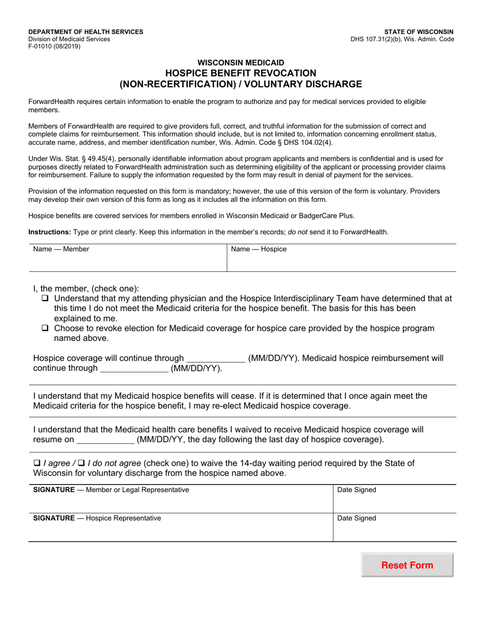 Form F-01010 Hospice Benefit Revocation (Non-recertification) / Voluntary Discharge - Wisconsin, Page 1