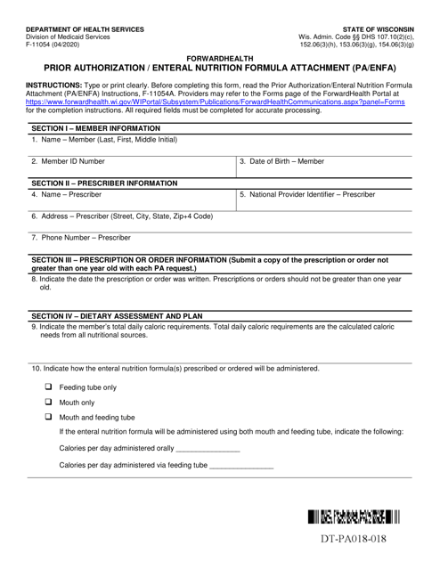 Form F-11054 Prior Authorization/Enteral Nutrition Formula Attachment (Pa/Enfa) - Wisconsin