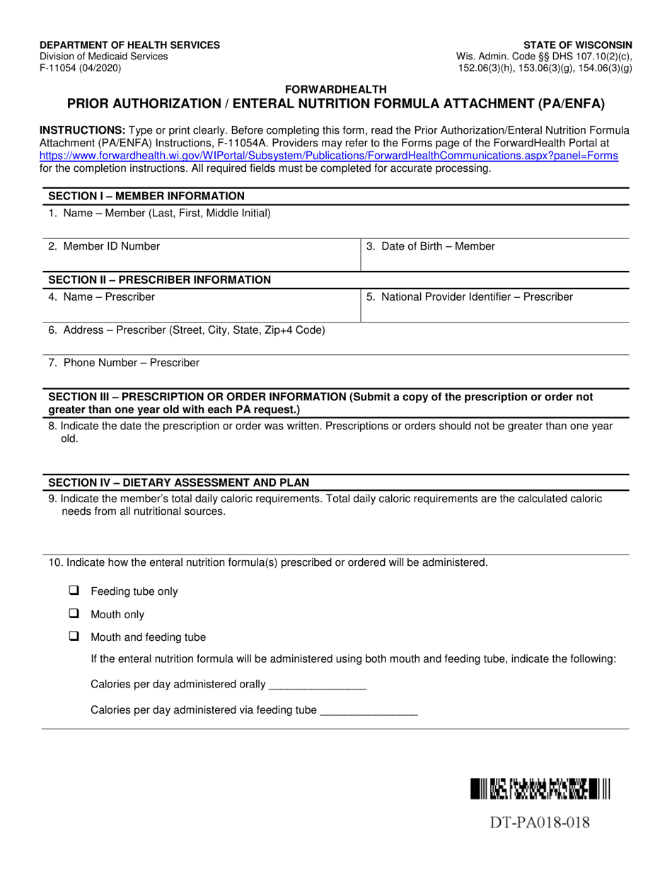 Form F-11054 Prior Authorization / Enteral Nutrition Formula Attachment (Pa / Enfa) - Wisconsin, Page 1