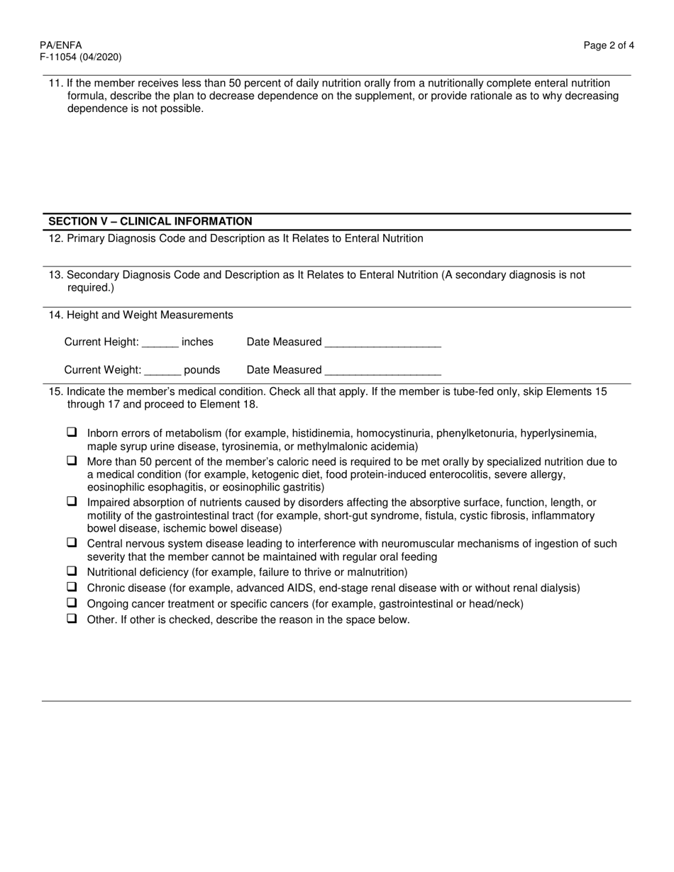 Form F-11054 Prior Authorization / Enteral Nutrition Formula Attachment (Pa / Enfa) - Wisconsin, Page 2