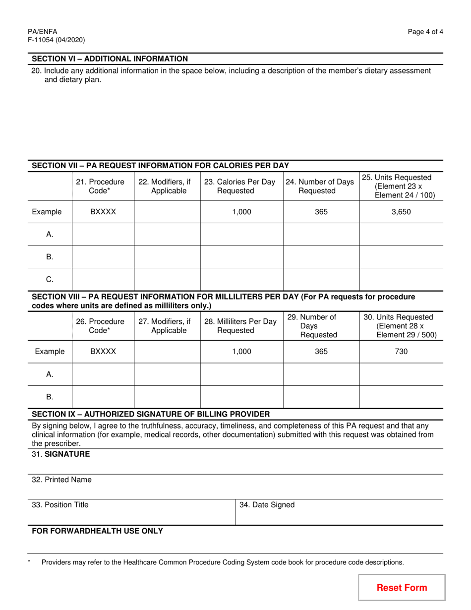 Form F-11054 Prior Authorization / Enteral Nutrition Formula Attachment (Pa / Enfa) - Wisconsin, Page 4