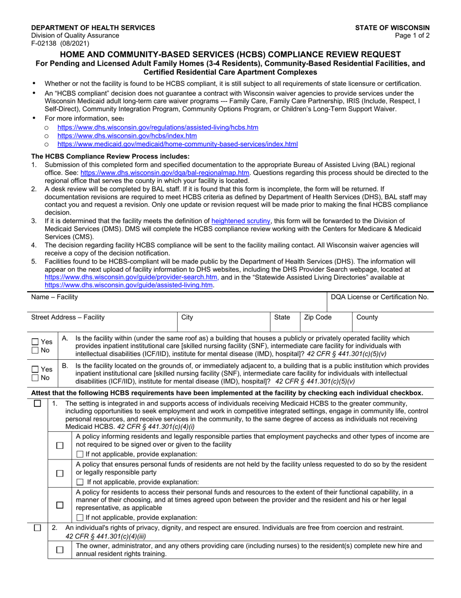Form F-02138 Home and Community-Based Services (Hcbs) Compliance Review Request - Wisconsin, Page 1