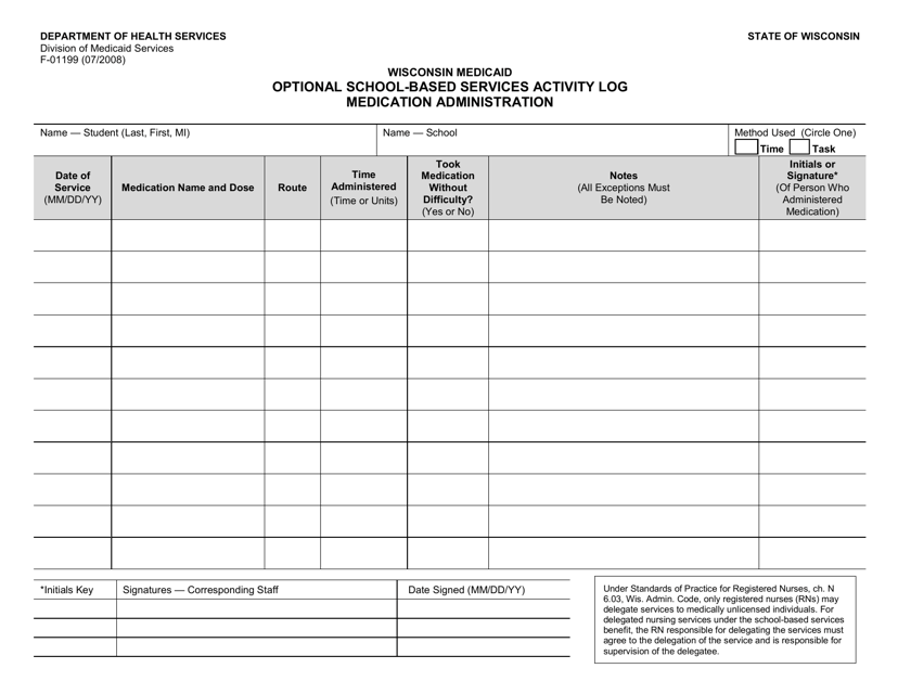 Form F-01199 Optional School-Based Services Activity Log Medication Administration - Wisconsin