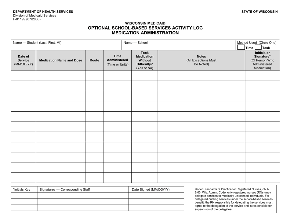 Form F-01199 Optional School-Based Services Activity Log Medication Administration - Wisconsin, Page 1