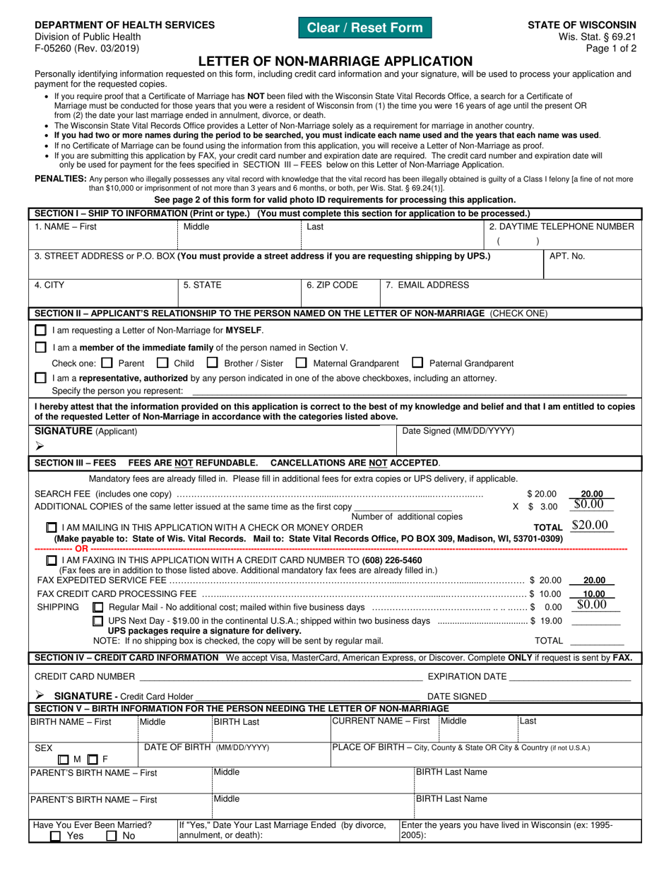 Form F-05260 Letter of Non-marriage Application - Wisconsin, Page 1