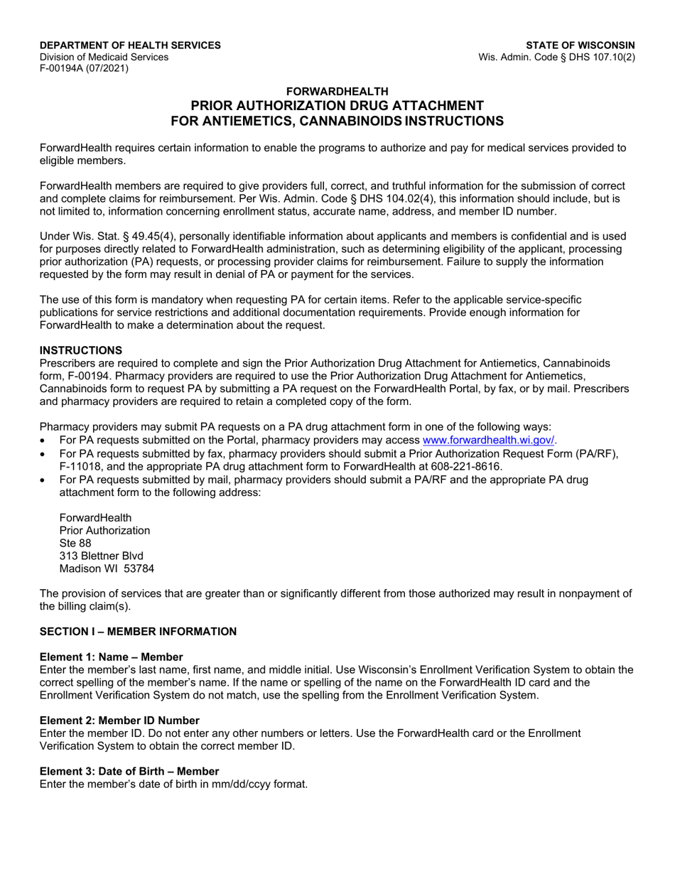 Instructions for Form F-00194 Prior Authorization Drug Attachment for Antiemetics, Cannabinoids - Wisconsin, Page 1