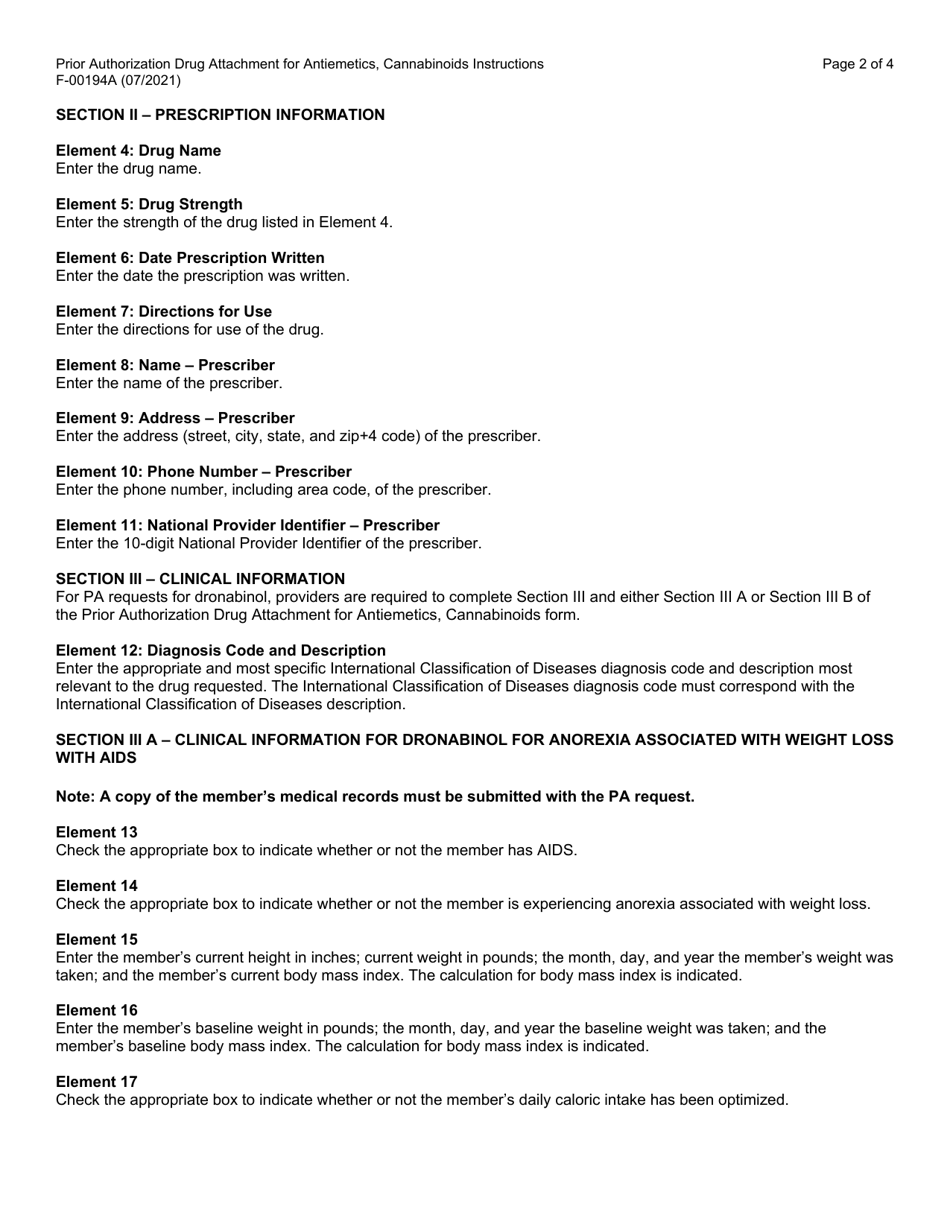 Instructions for Form F-00194 Prior Authorization Drug Attachment for Antiemetics, Cannabinoids - Wisconsin, Page 2