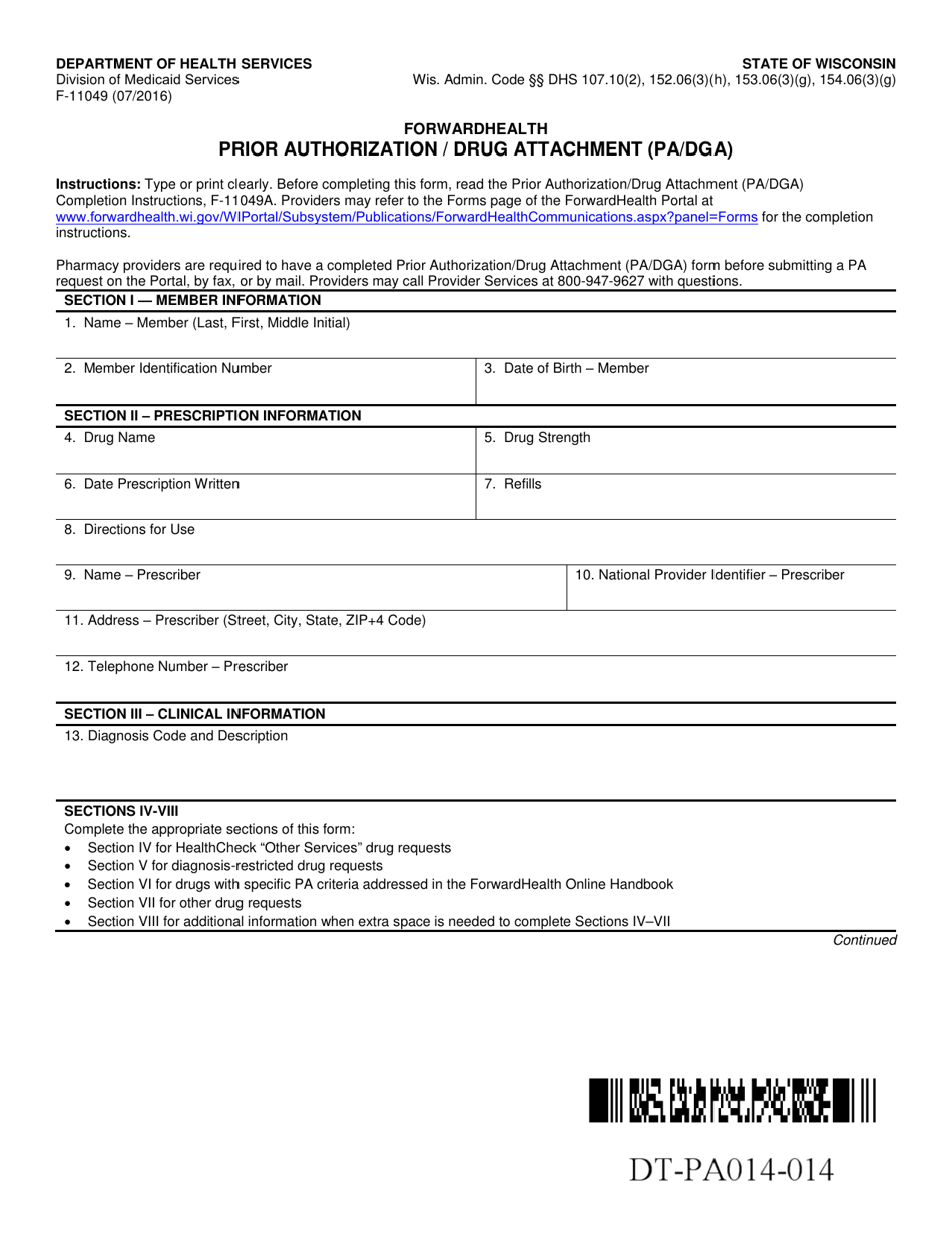 Form F-11049 Prior Authorization / Drug Attachment (Pa / Dga) - Wisconsin, Page 1
