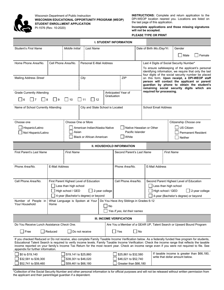 Form PI-1576 Student Enrollment Application - Wisconsin Educational Opportunity Program (Weop) - Wisconsin, Page 1