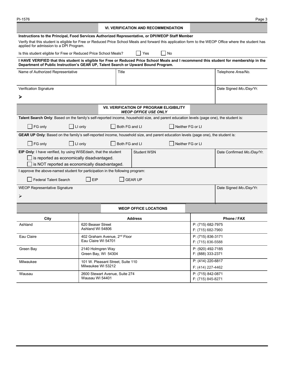 Form PI-1576 Student Enrollment Application - Wisconsin Educational Opportunity Program (Weop) - Wisconsin, Page 3