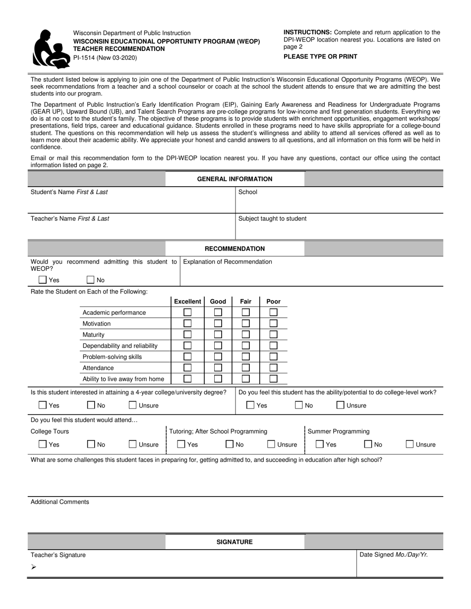 Form PI-1514 Teacher Recommendation - Wisconsin Educational Opportunity Program (Weop) - Wisconsin, Page 1
