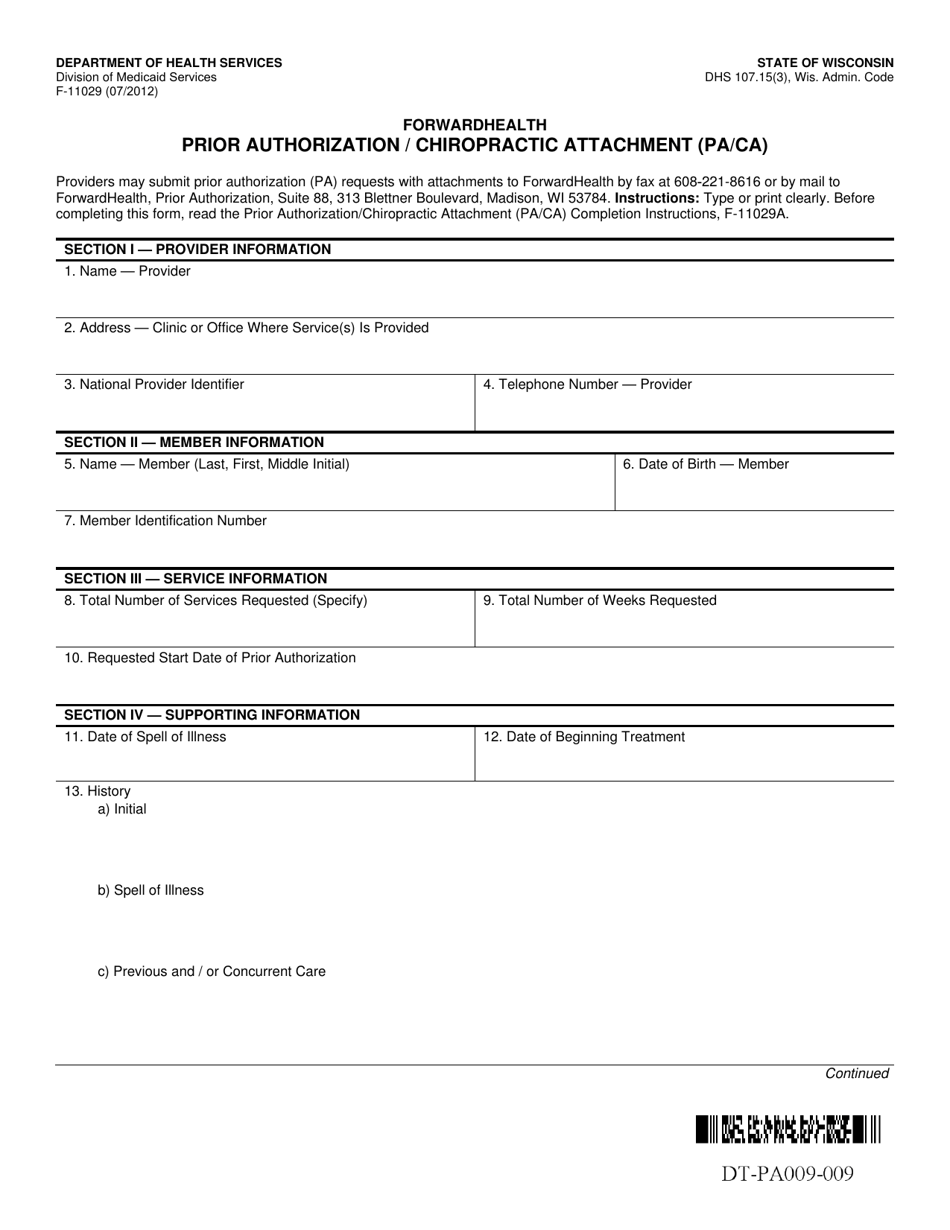 Form F-11029 Prior Authorization / Chiropractic Attachment (Pa / Ca) - Wisconsin, Page 1