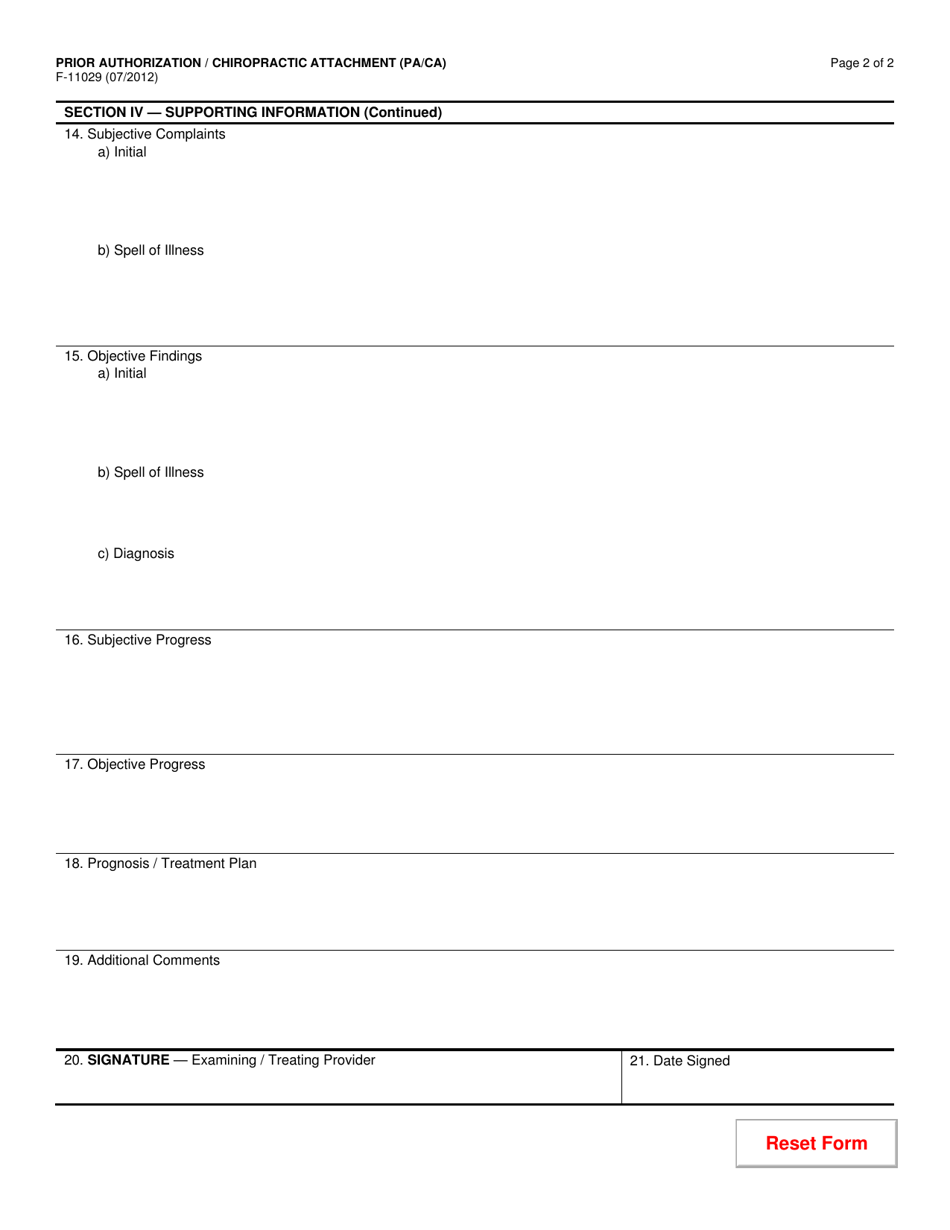 Form F-11029 Prior Authorization / Chiropractic Attachment (Pa / Ca) - Wisconsin, Page 2