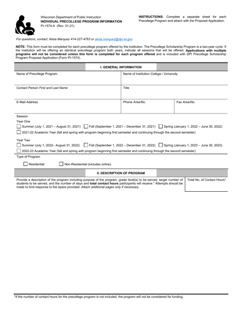 Form PI-1574-A Individual Precollege Program Information - Wisconsin