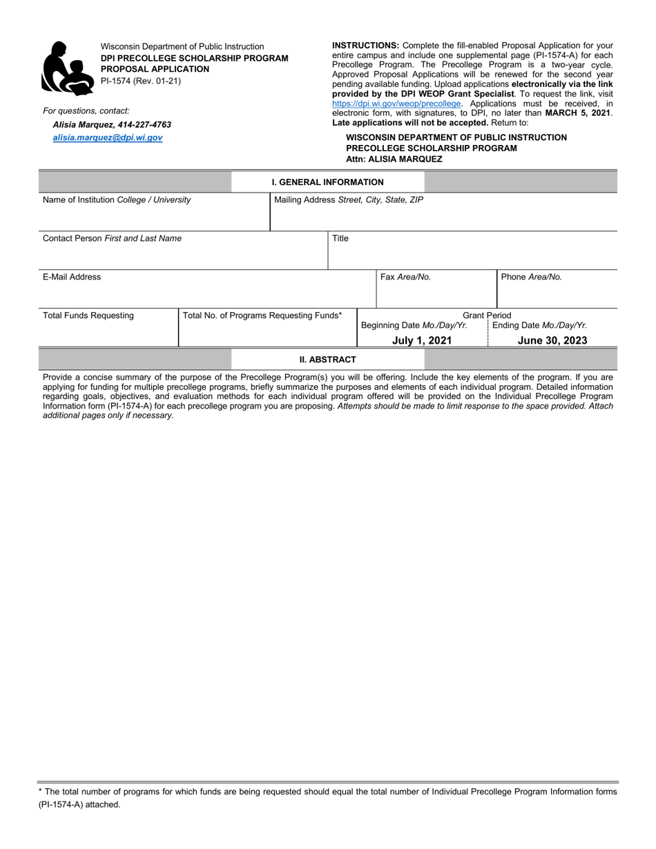 Form PI-1574 Proposal Application - Dpi Precollege Scholarship Program - Wisconsin, Page 1