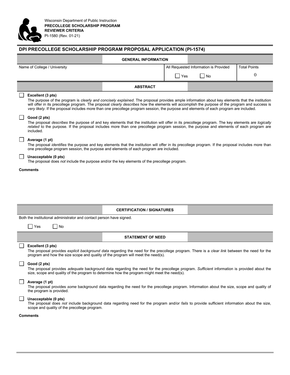 Form PI-1580 Precollege Scholarship Program Reviewer Criteria - Wisconsin, Page 1