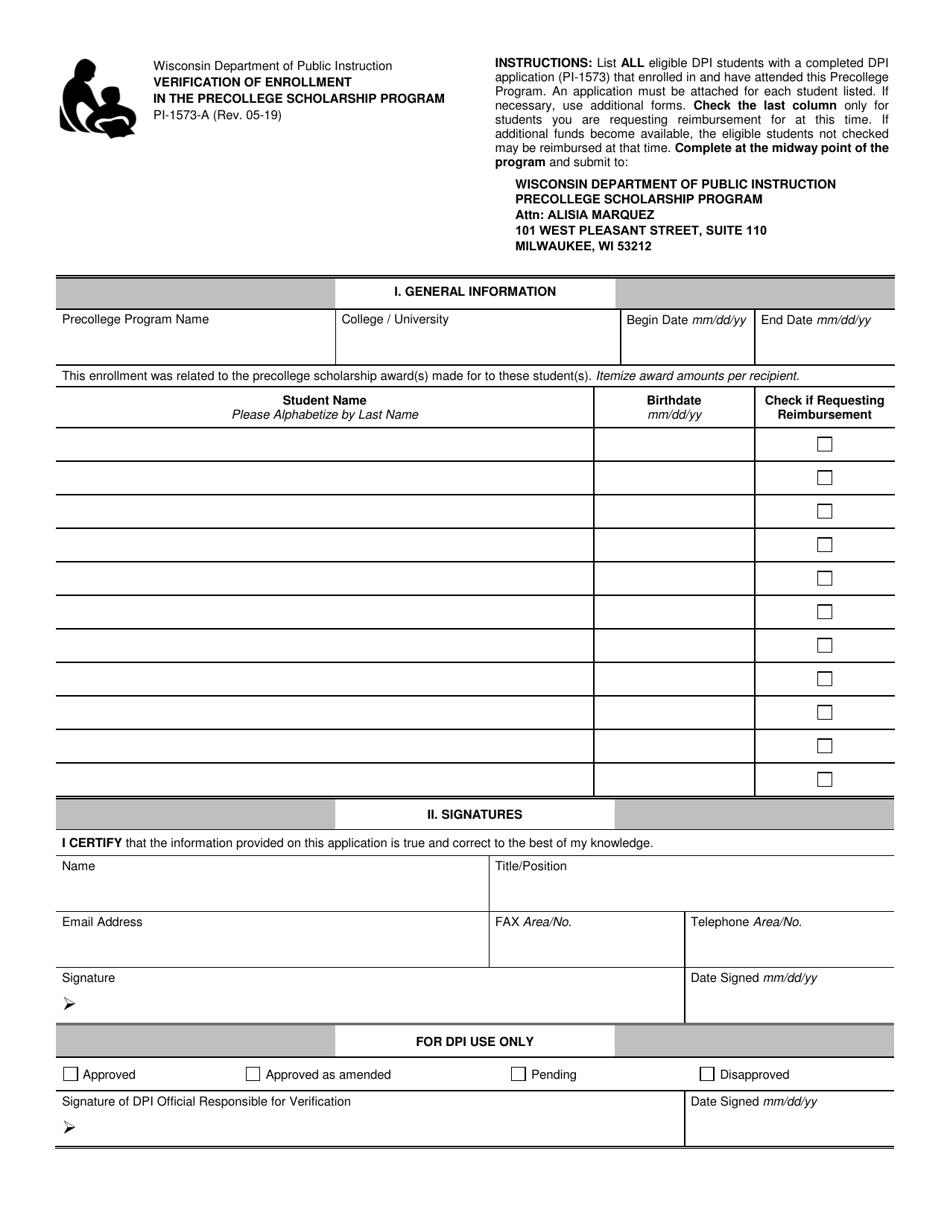 Form PI-1573-A Verification of Enrollment in the Precollege Scholarship Program - Wisconsin, Page 1