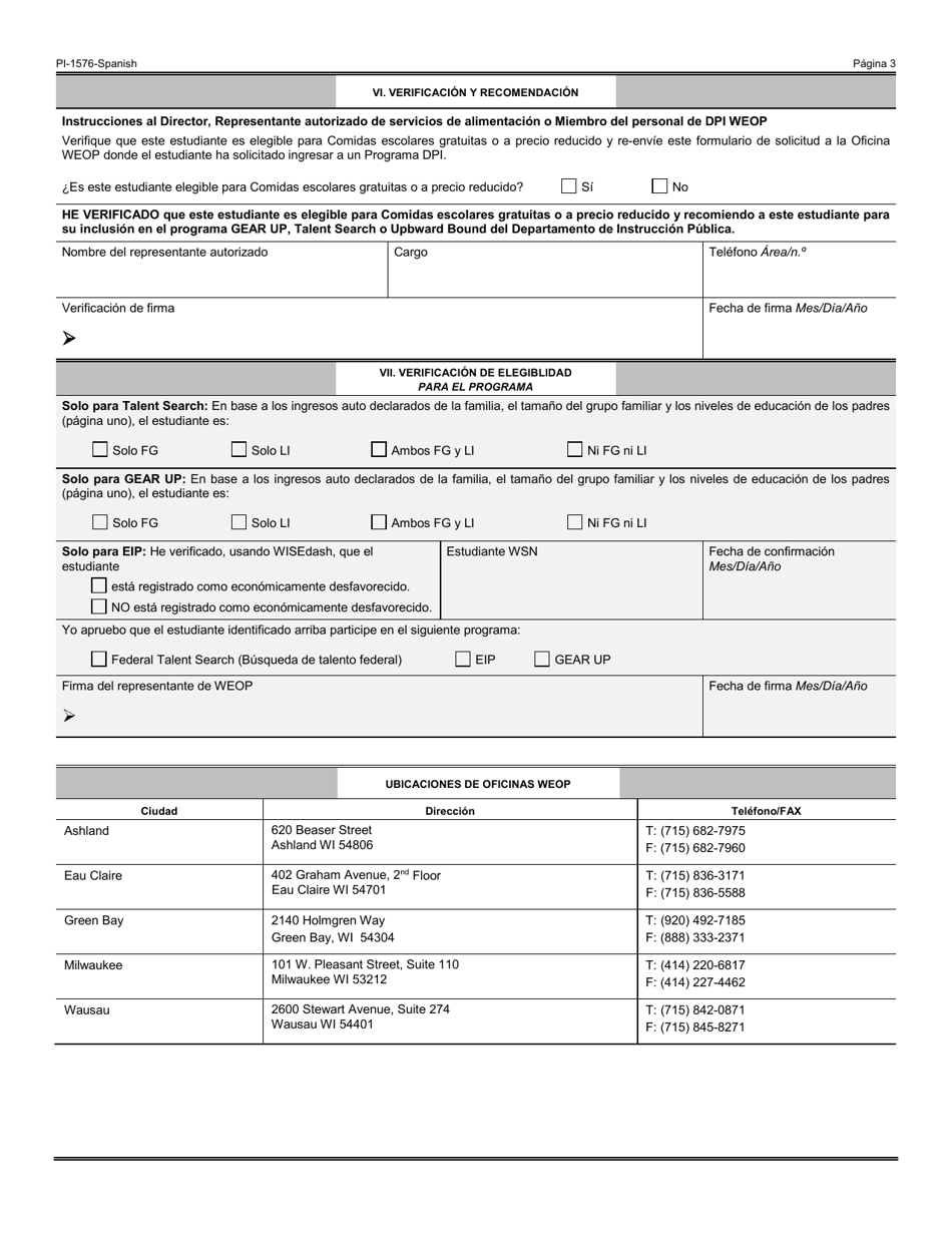 Formulario PI-1576 Solicitud De Inscripcion Del Estudiante - Programa De Oportunidad Educativa De Wisconsin (Weop) - Wisconsin (Spanish), Page 3