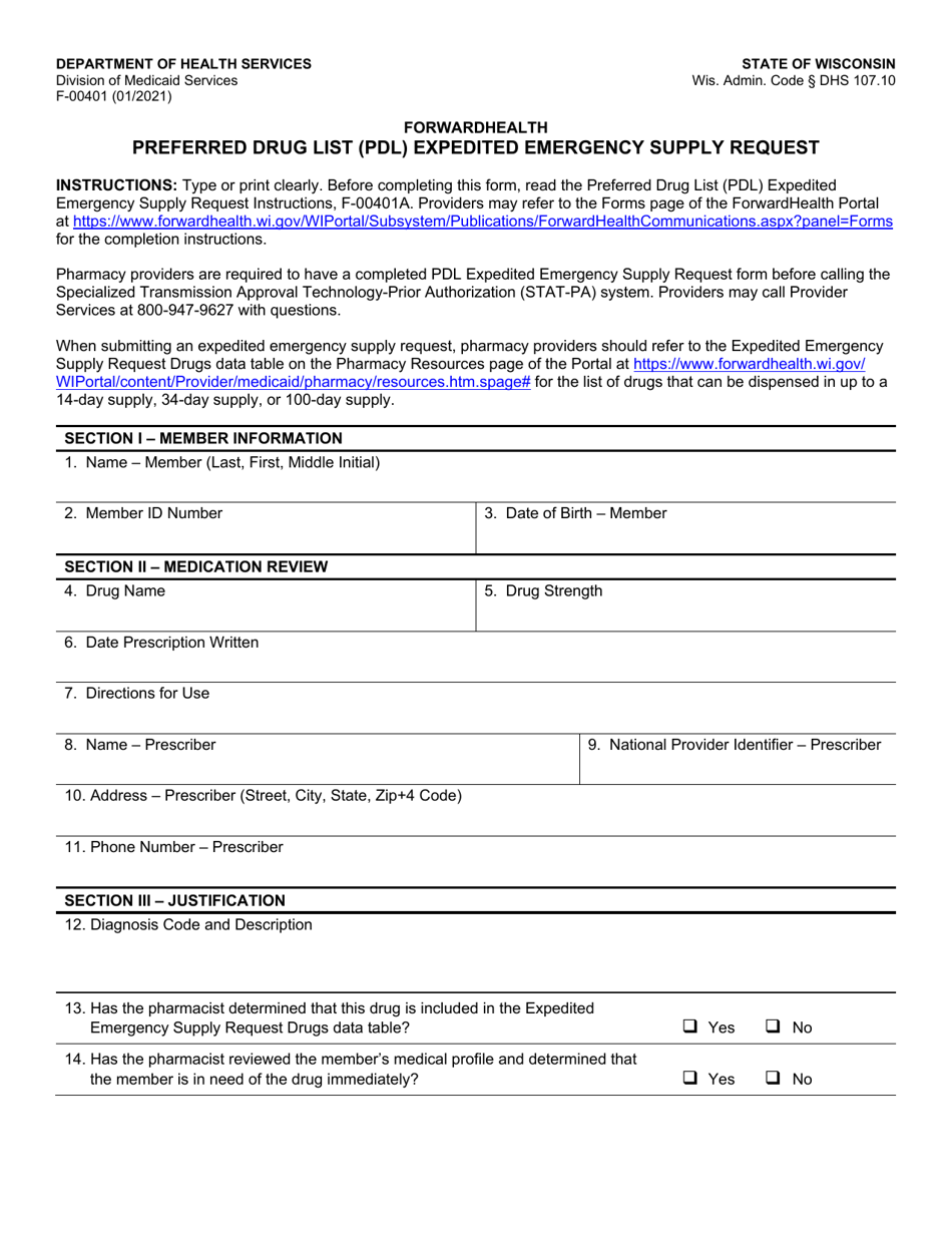 Form F-00401 Preferred Drug List (Pdl) Expedited Emergency Supply Request - Wisconsin, Page 1