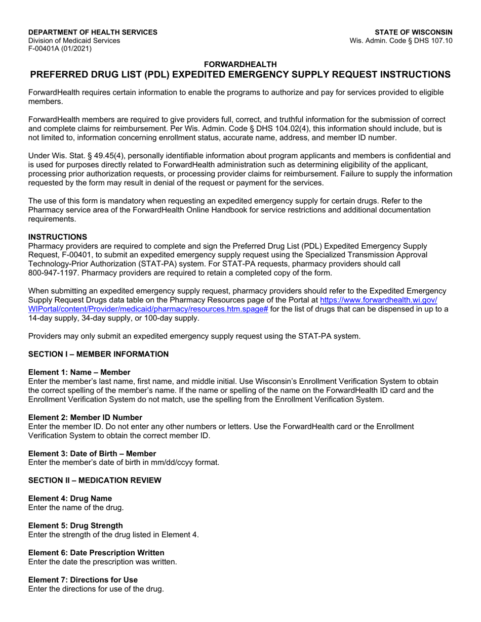 Instructions for Form F-00401 Preferred Drug List (Pdl) Expedited Emergency Supply Request - Wisconsin, Page 1