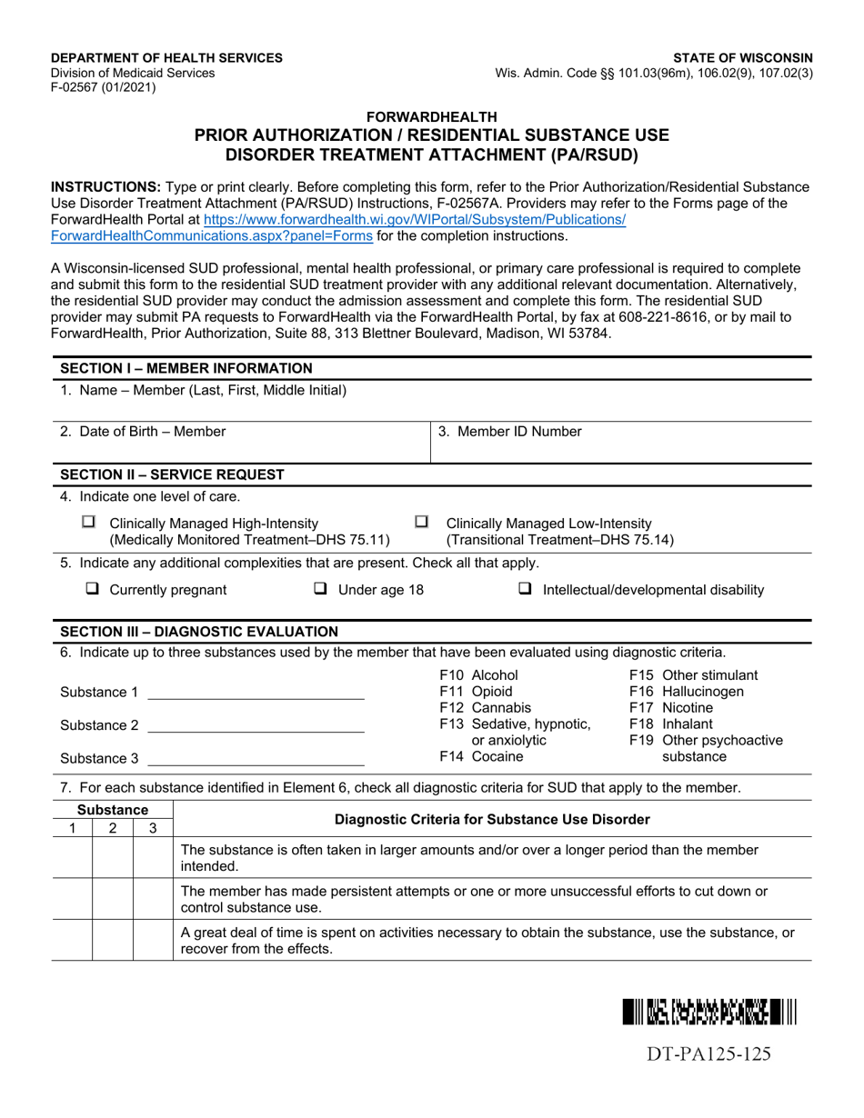 Form F-02567 Prior Authorization / Residential Substance Use Disorder Treatment Attachment (Pa / Rsud) - Wisconsin, Page 1