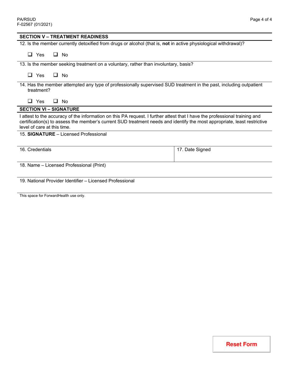 Form F-02567 Prior Authorization / Residential Substance Use Disorder Treatment Attachment (Pa / Rsud) - Wisconsin, Page 4