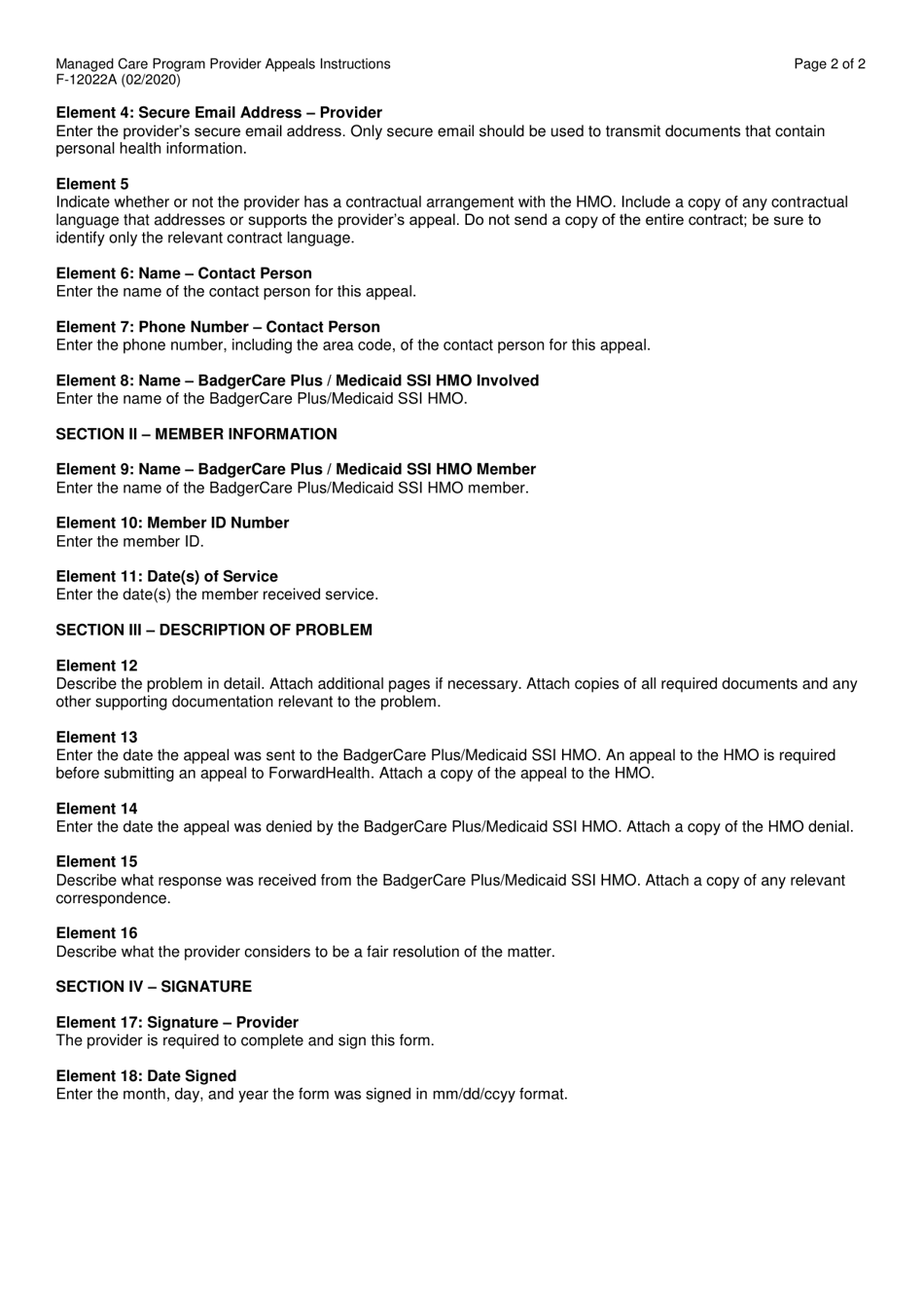 Instructions for Form F-12022 Managed Care Program Provider Appeal - Wisconsin, Page 2