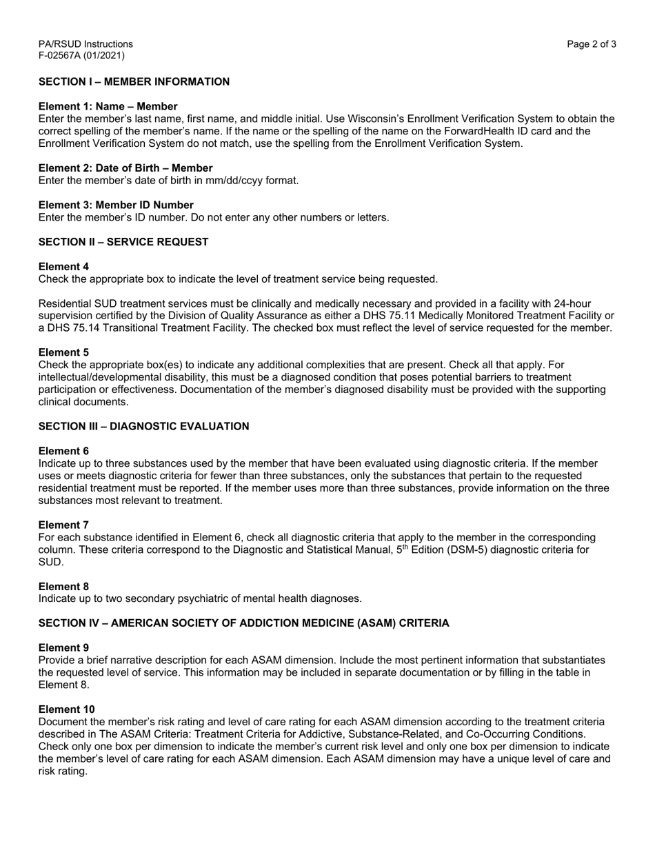 Instructions for Form F-02567 Prior Authorization / Residential Substance Use Disorder Treatment Attachment (Pa / Rsud) - Wisconsin, Page 2